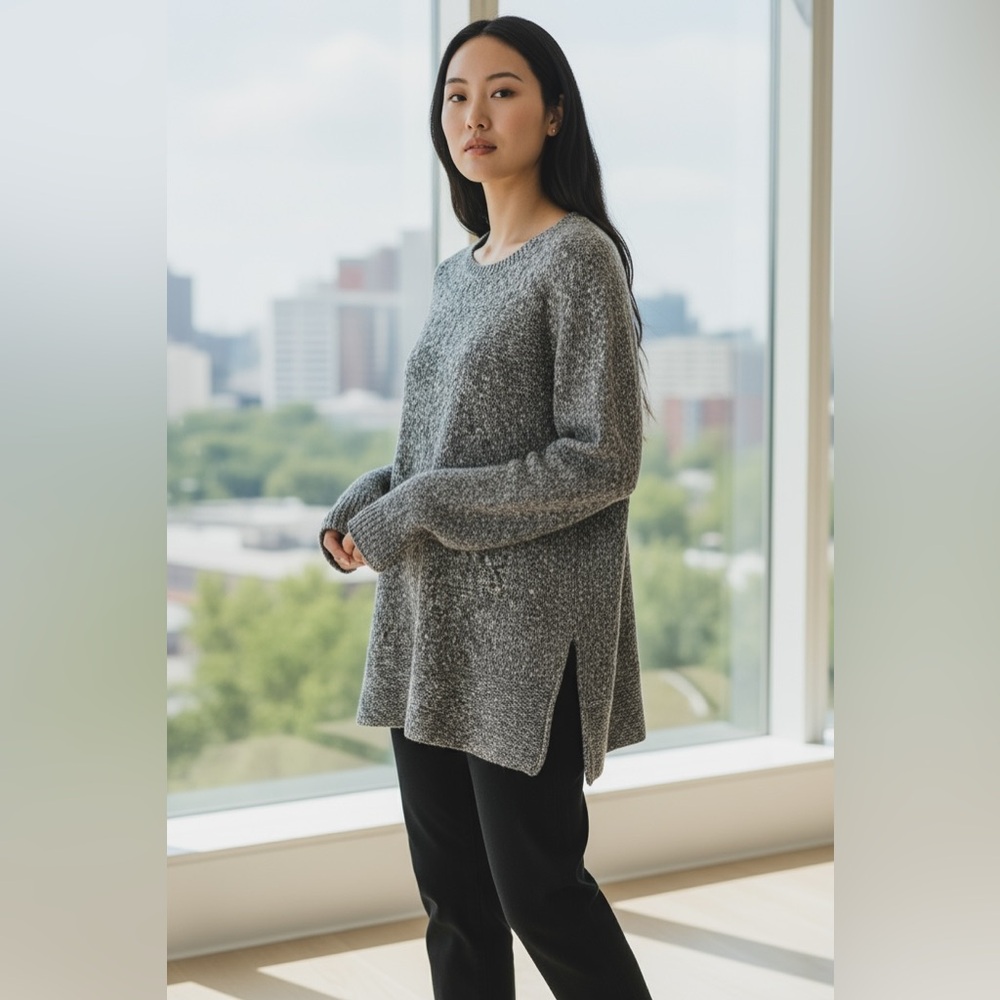 Prana “Nolan” Heathered Charcoal Grey Wool Blend Long Sleeve Tunic Style Sweater